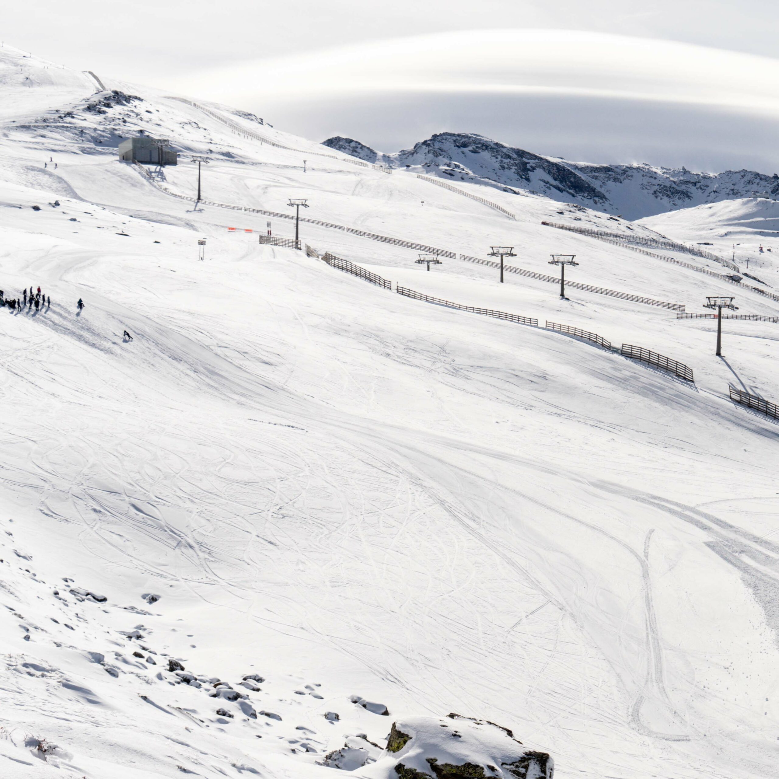 Spain, Andalusia, Granada. Ski resort of Sierra Nevada in winter, full of snow. Travel and sports concepts.